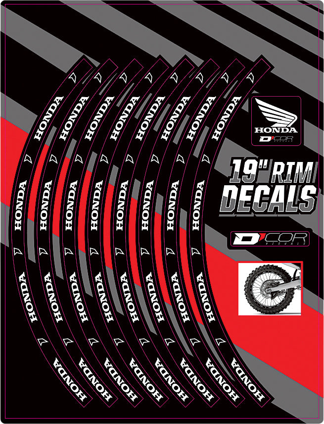 DCOR 19-inch Honda logo rim decal for the rear wheel, featuring bold graphics and vibrant design.
