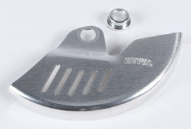 DEVOL rear disc guard for bike, durable protective guard for rear disc brakes, made by DEVOL, shown in black with mounting hardware