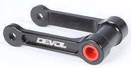 DEVOL suspension lowering link, black metal component designed for vehicle suspension adjustment, shown against a neutral background.