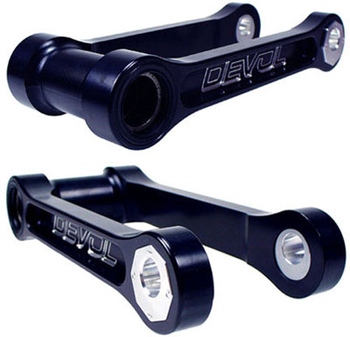 DEVOL suspension lowering link, black metal component for vehicle suspension adjustment, designed for improved ride height.