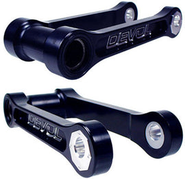 DEVOL suspension lowering link, black metal component for vehicle suspension adjustment, designed for improved ride height.