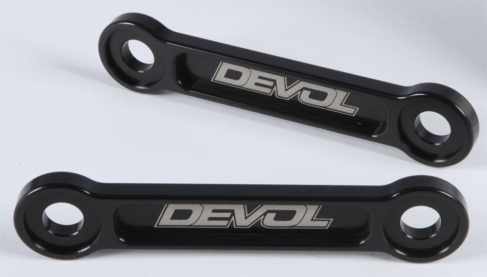 DEVOL suspension lowering link pull rod, 1.75 inches, used for vehicle suspension adjustments, shown in black metal.