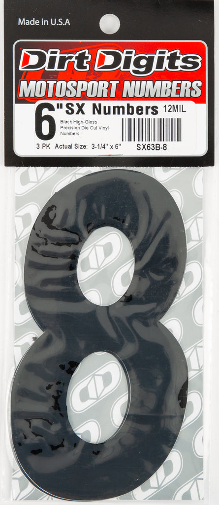 Black DIRT DIGITS #8 Super X decals, 6-inch graphics for dirt bike or ATV, 3-pack of durable racing number decals
