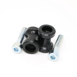 Black DMP Swingarm Spools with 8mm mounting for motorcycle body, designed for secure bike handling and protection.