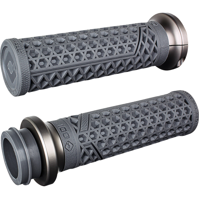 Black Drag ODI Vans lock-on grips for Harley Davidson motorcycles, featuring textured surface and secure wire locking system.