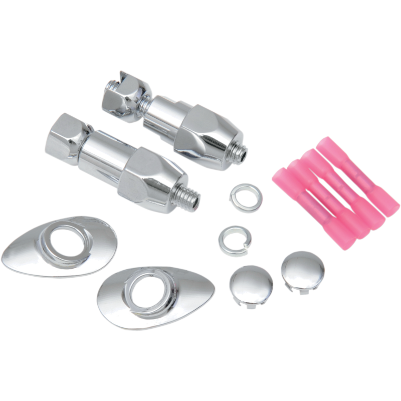 Chrome rear turn signal relocation kit by Drag Specialties for FXST and FLSTF motorcycles, includes lighting components.