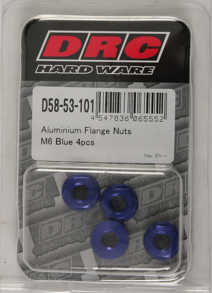 Blue aluminum flange nuts from DRC, M6x12mm, pack of 4, featuring a flange design, suitable for industrial or mechanical applications.