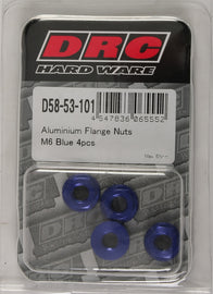 Blue aluminum flange nuts from DRC, M6x12mm, pack of 4, featuring a flange design, suitable for industrial or mechanical applications.