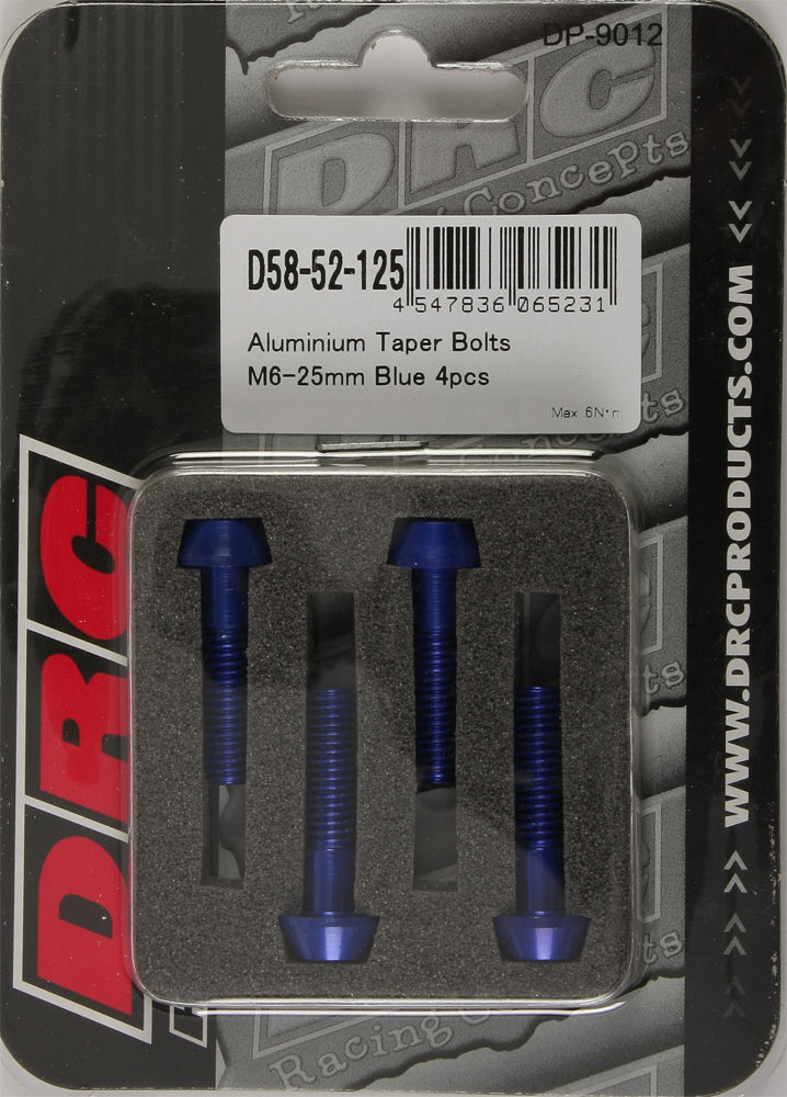 Blue DRC aluminum taper bolts M6x25mm, 4-pack, designed for secure fastening in automotive or machinery applications.
