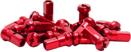 Red DUBYA spoke nipples for bicycle wheels, shown in a close-up image highlighting their color and threading details.