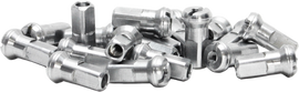 Silver DUBYA spoke nipples for bicycle wheels, featuring durable metal construction and precise threading.