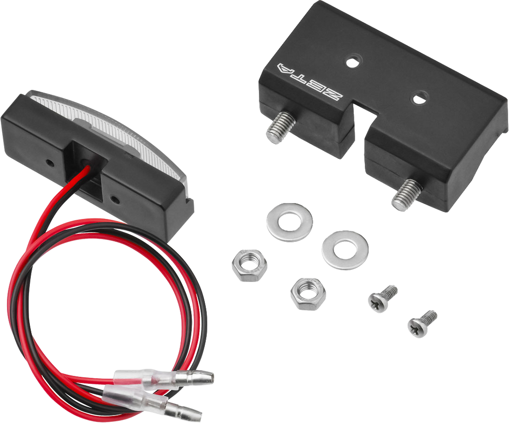 Black ZETA ZR45-3510 compact license plate light providing clear illumination for vehicle license plates.