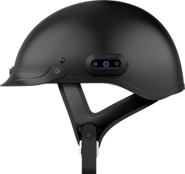 SENA Cavalry 2 half helmet in matte black, showing the sleek design and adjustable strap for motorcycle riding.