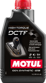 MOTUL High Torque DCTF 1L bottle of transmission fluid for dual clutch gearboxes, with label and cap visible.