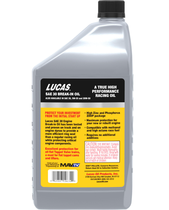 Lucas Break In Oil SAE 30, 1 quart bottle, part of a 6-pack, used for engine break-in and lubrication.