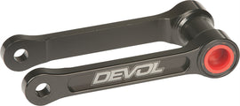 DEVOL suspension lowering link for vehicles, close-up view showing metal construction and mounting points