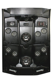 HOPPE8 speakers with two subwoofers, audio/visual audio system featuring sleek black design and multiple connection ports.