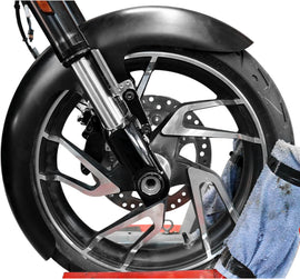 BAGGERNATION Thicky Fender Flsbr 18-21 Gloss Black adapters mounted on motorcycle body for custom fender fitment.