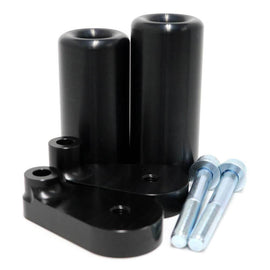 Black SHOGUN Frame Sliders for motorcycle body protection, shown mounted on a bike in a close-up view.