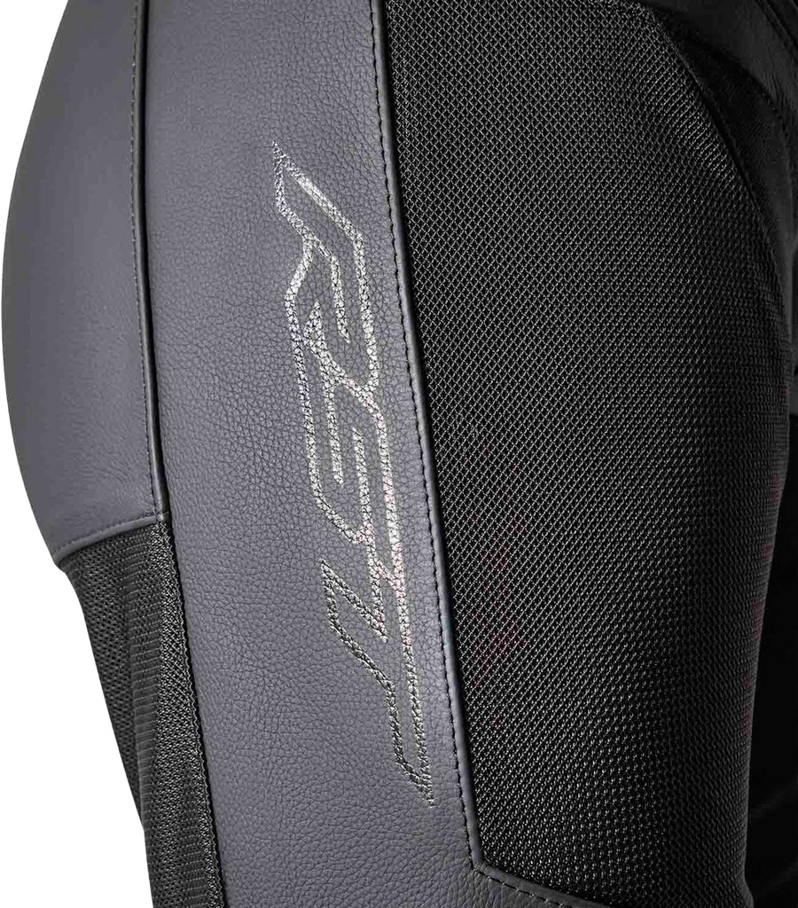Black RST S1 D3o Mesh Leather Pants with protective armor, shown in XL size, featuring mesh panels and sleek leather design.