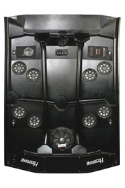 HOPPE audio speakers with subwoofer enclosure, showcasing sleek black design and connection ports for home audio setup