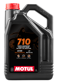 MOTUL 710 Racing Premix Oil 2T, 4L bottle, ideal for high-performance motorcycle engines, shown in a four-bottle case.