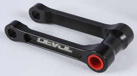 Suspension DEVOL Lowering Link for vehicle suspension system, black metal component with mounting points, used for height adjustment.