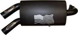 SLP Performance Slip-On Muffler for RZR off-road vehicle, black exhaust with sleek design and brand logo.