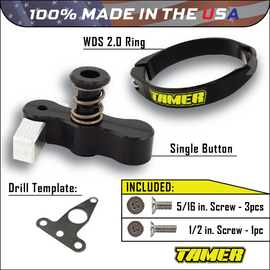 Tamer Single Button Holeshot Device 188-9203 suspension component, close-up of black metal part with mounting details.