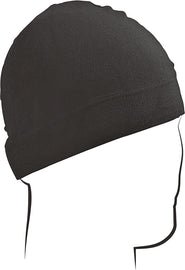 Black nylon helmet liner with dome shape, designed for helmet accessories by ZAN, showing the snug fit and fabric texture.