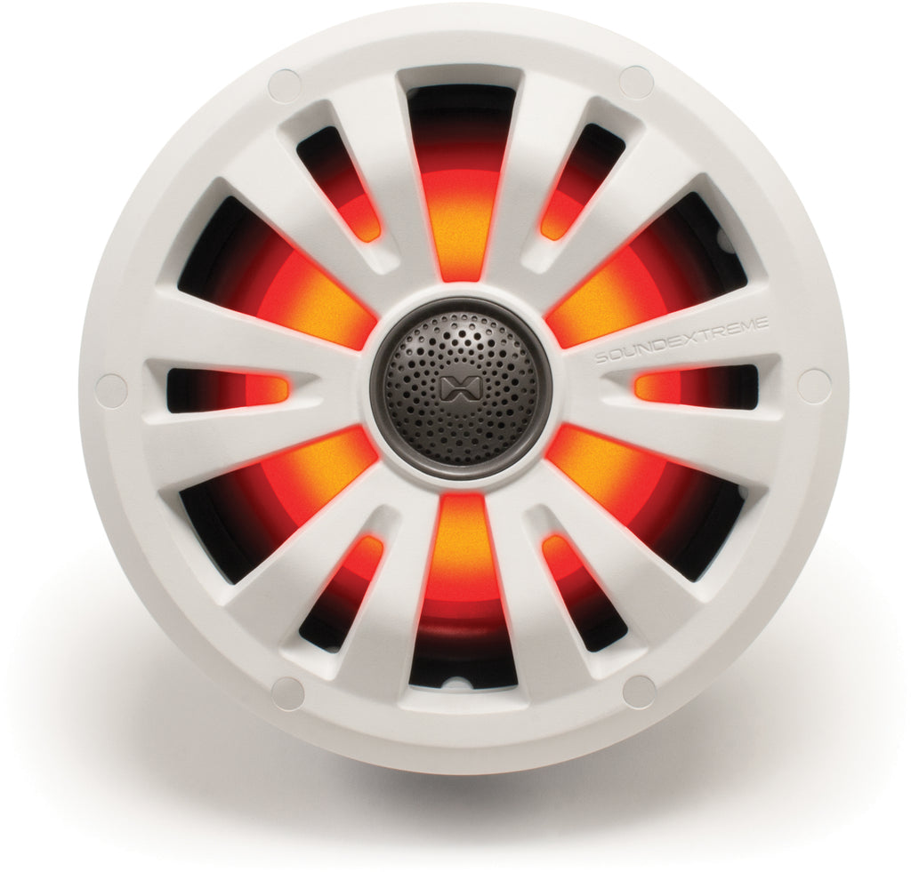 EcoXGear 8-inch marine speaker with durable design, black finish, and waterproof features for outdoor boat audio systems.