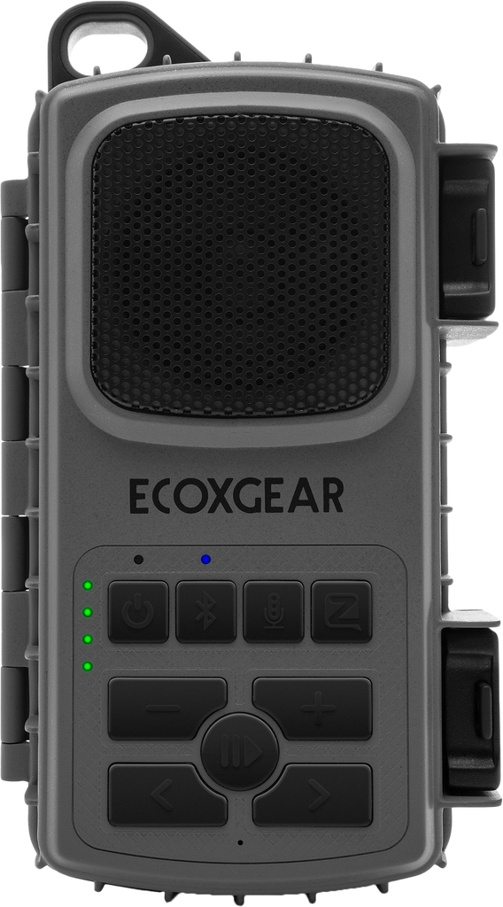 EcoXGear EcoXtreme 2 grey portable speaker with rugged design, durable build, and audio/visual communication features.
