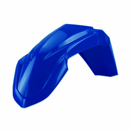 Blue Polisport Yamaha front fender for motorcycle body, showing the curved plastic design and mounting points.