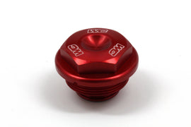 WORKS Rear Brake Cover in red for motorcycle brakes, showing a sleek, durable design with branding details.