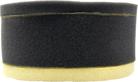 Close-up of EMGO air filter showing its rectangular shape and pleated filter material designed for vehicle air intake systems.