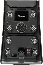 HOPPE stereo top 8 speakers with subwoofer, showcasing sleek black design and audio connectivity features.