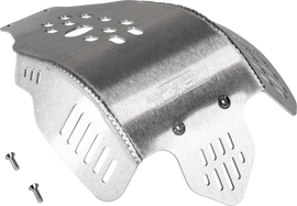 DEVOL skid plate guard for motorcycle, showing durable metal construction and mounting points for protection.