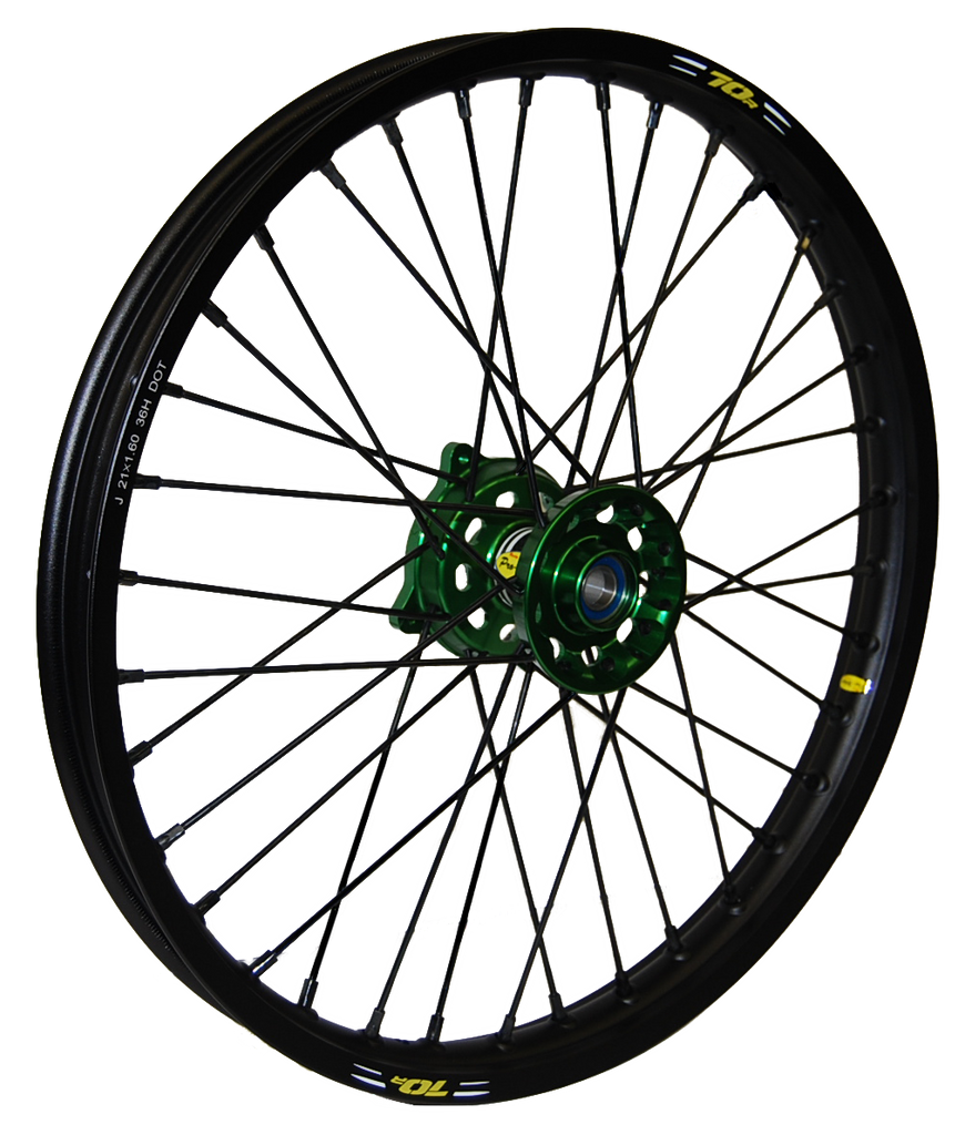 Wheel Front 1.60x21 Green Hub Blk Rim/Sil Spoke/Sil Nipple