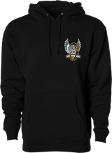 Load image into Gallery viewer, Black DBK Guardian Hoodie in medium size, featuring a front logo and cozy hooded design, suitable for casual wear.