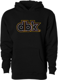 Black DBK Lined Up Youth Hoodie with front pouch pocket and hood, displayed on a hanger.