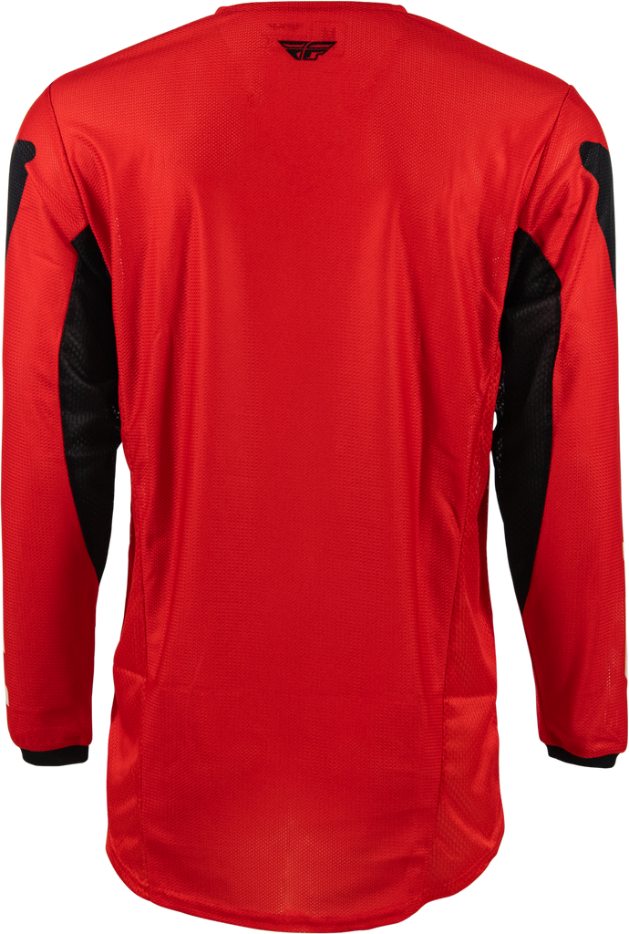 Fly Racing Kinetic Mesh Jersey in red, black, and white, medium size, featuring breathable mesh fabric and athletic fit.