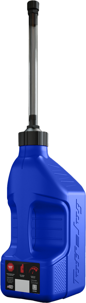 Blue TUFF JUG 2.5-gallon utility container with autostop spout, designed for easy pouring and durable outdoor use.