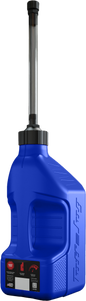Blue TUFF JUG 2.5-gallon utility container with autostop spout, designed for easy pouring and durable outdoor use.