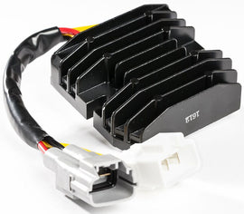 RICKS electrical regulator and rectifier for motorcycle, showing metal fins and electrical connectors for efficient voltage regulation.