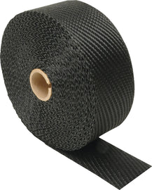 Black titanium DEI exhaust wrap in 2-inch by 50-foot roll, designed for heat insulation on exhaust systems.