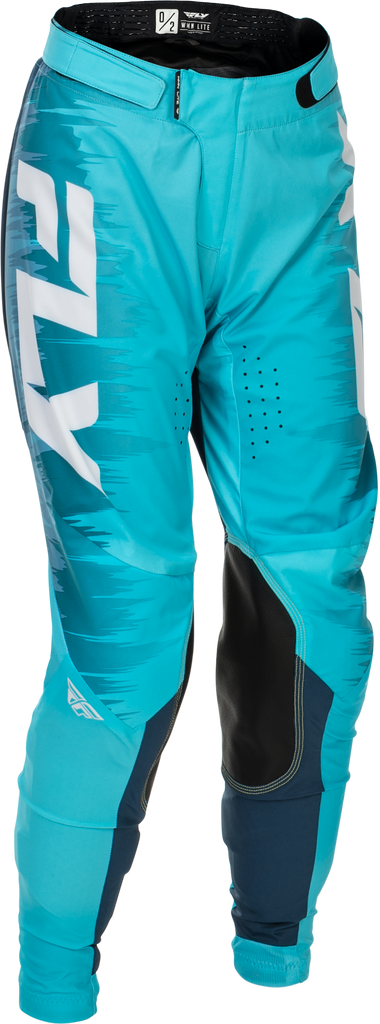 Fly Racing women's Lite pants in aqua, navy, and white with a slim fit and durable fabric, size 0/02, for motocross or outdoor riding.