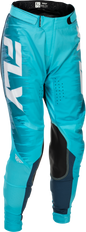 Fly Racing women's Lite pants in aqua, navy, and white with a slim fit and durable fabric, size 0/02, for motocross or outdoor riding.