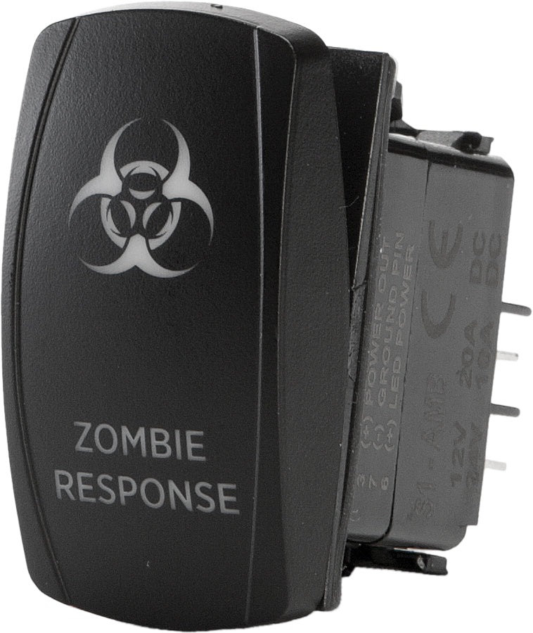 FLIP Zombie Response Lighting Pro Series backlit switch showing illuminated switch with black and red design details.