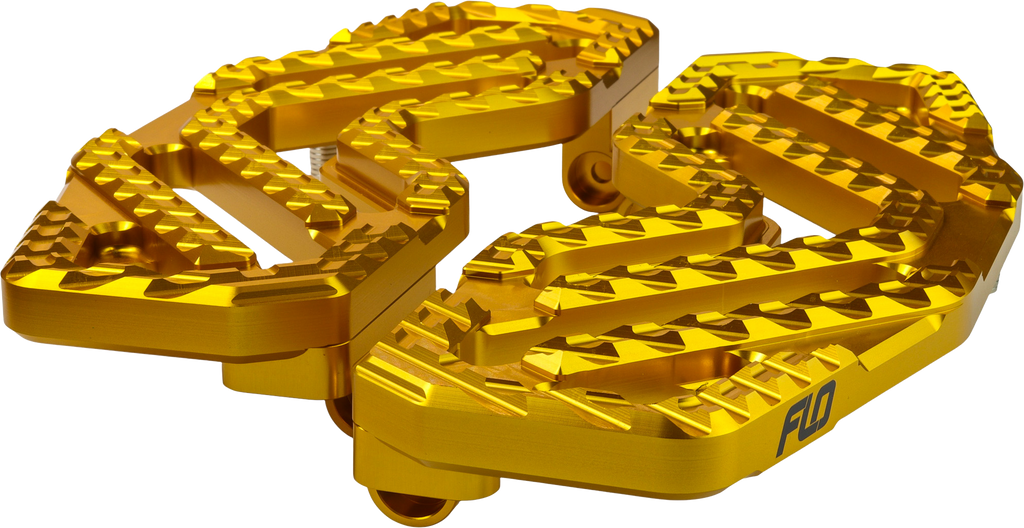 Gold FLO MOTO Savage floorboards for motorcycle foot controls, featuring durable metal construction and stylish design.