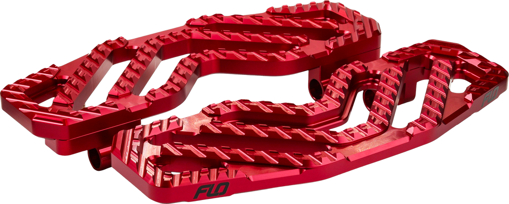 Red FLO MOTO Savage Floorboards foot controls for motorcycles, featuring durable metal construction and sleek design.